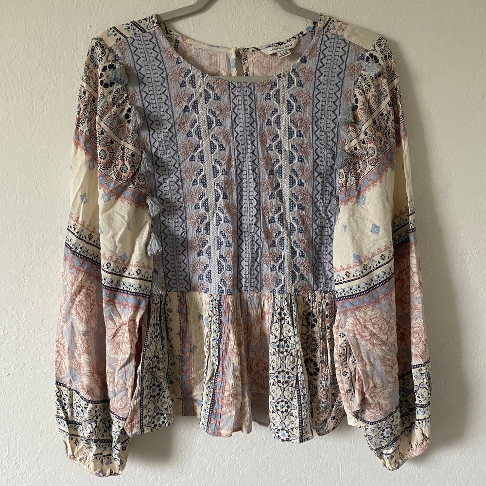 American Eagle Womens Blouse Boho Floral Tassel Size S Hippie Long Sleeve Pastel